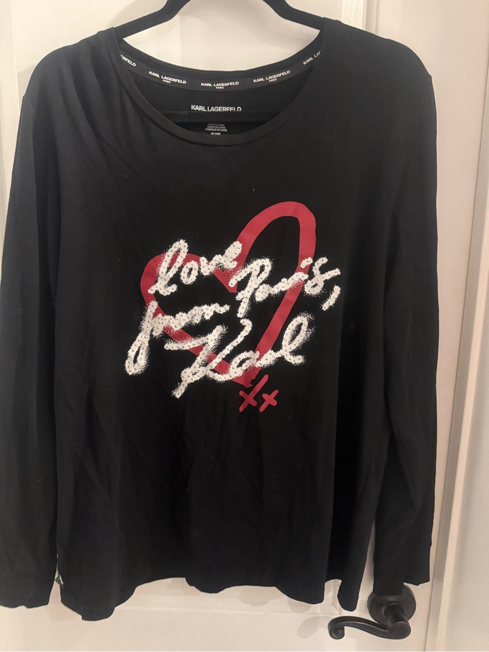 Karl Lagerfeld Black Long-Sleeve Tee with Red Heart and White Script XL